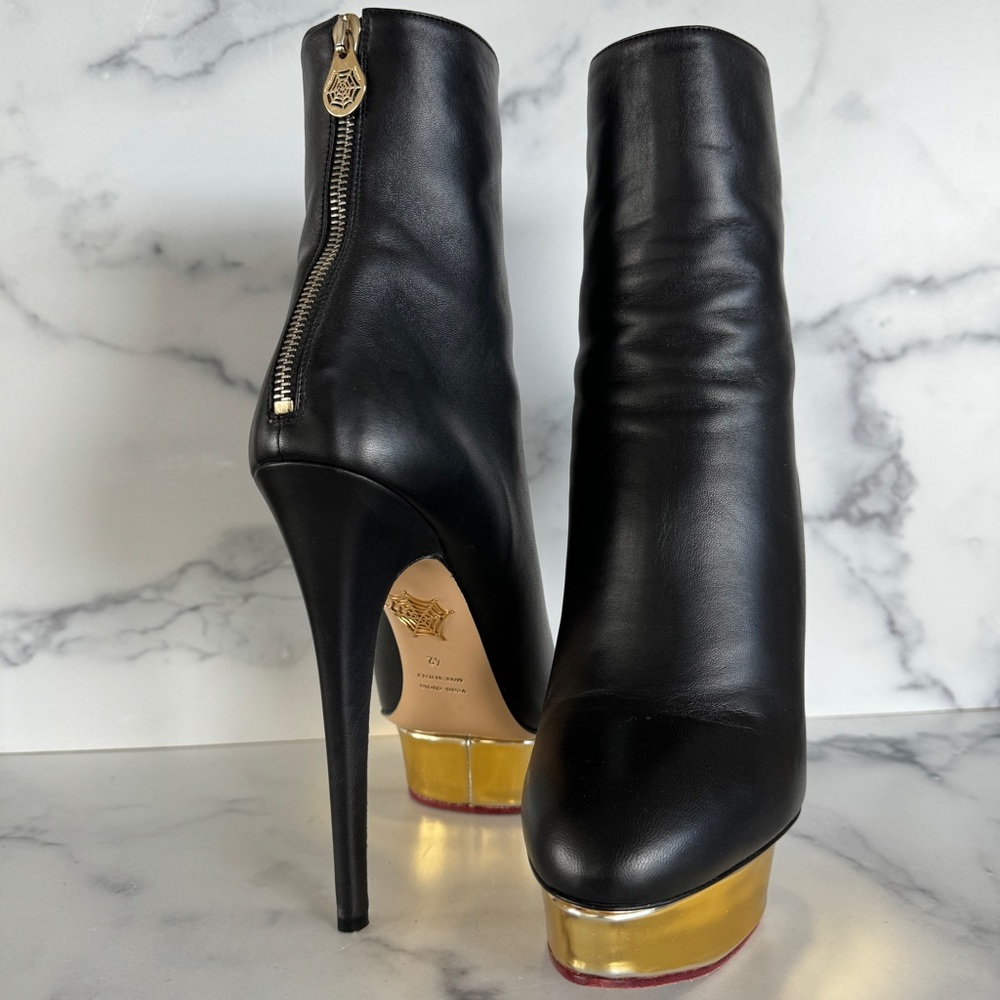 Charlotte Olympia Lucinda Black & Gold Leather Ankle Booties Size EU 42 / US 12